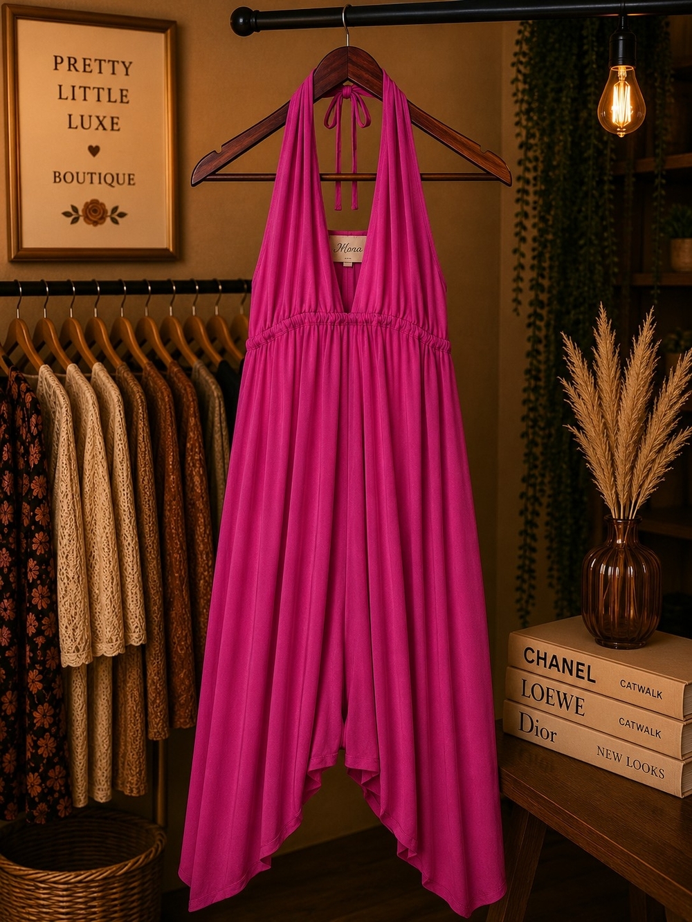 Mora Hot Pink Halter Wide Leg Romper One Size